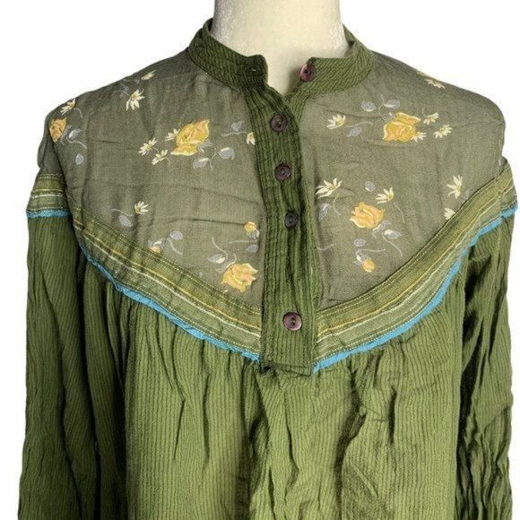 Free People Hearts Colors Retro Blouse M Green Boho Floral Buttons Pockets - Picture 2 of 5